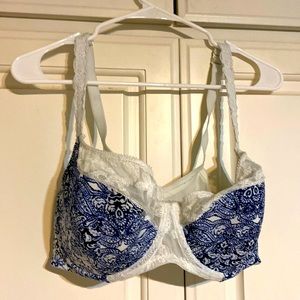 Blue and white lacy patterned bra